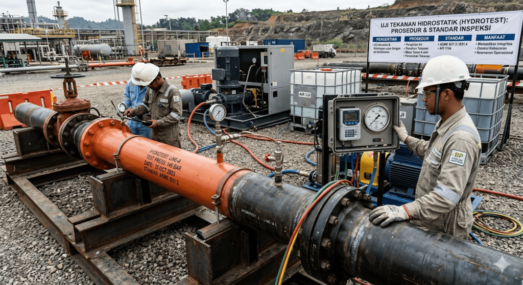 Apa Itu Hydrotest? Gambar menunjukkan proses uji tekanan hidrostatik pada pipa industri, di mana teknisi menggunakan alat pengukur tekanan dan pompa untuk memastikan kekuatan serta kebocoran pipa sesuai standar keselamatan operasional.