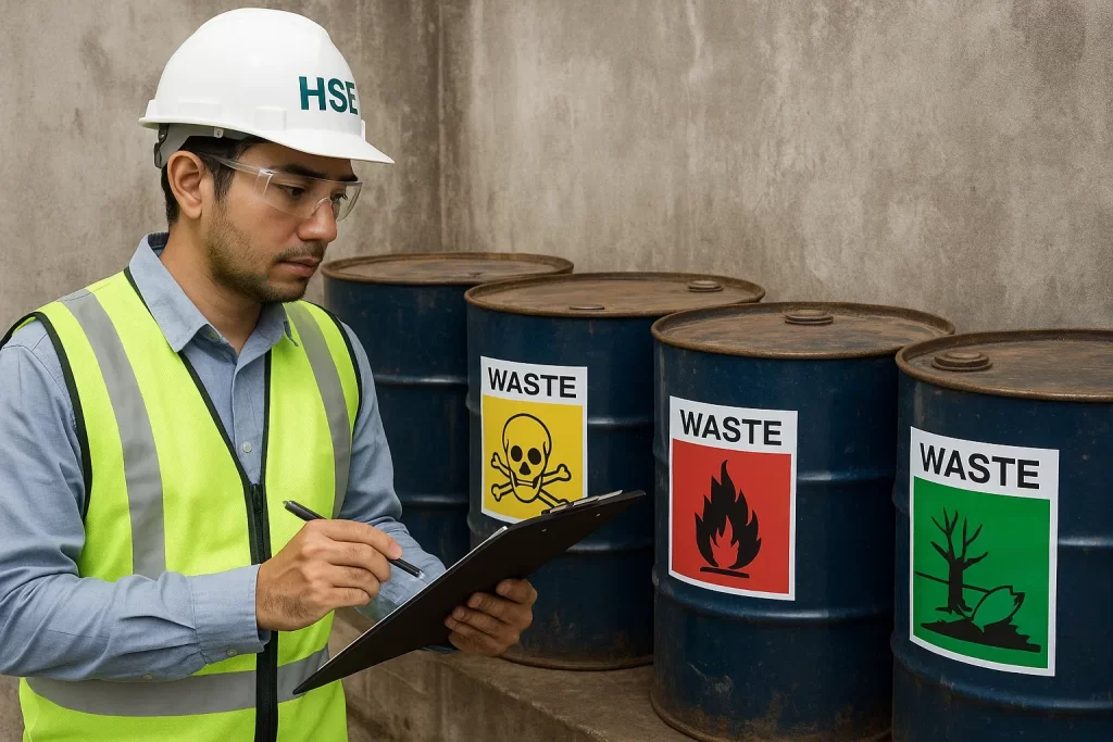 seorang manajer HSE memeriksa drum limbah B3 dengan label berwarna sesuai kode klasifikasi.