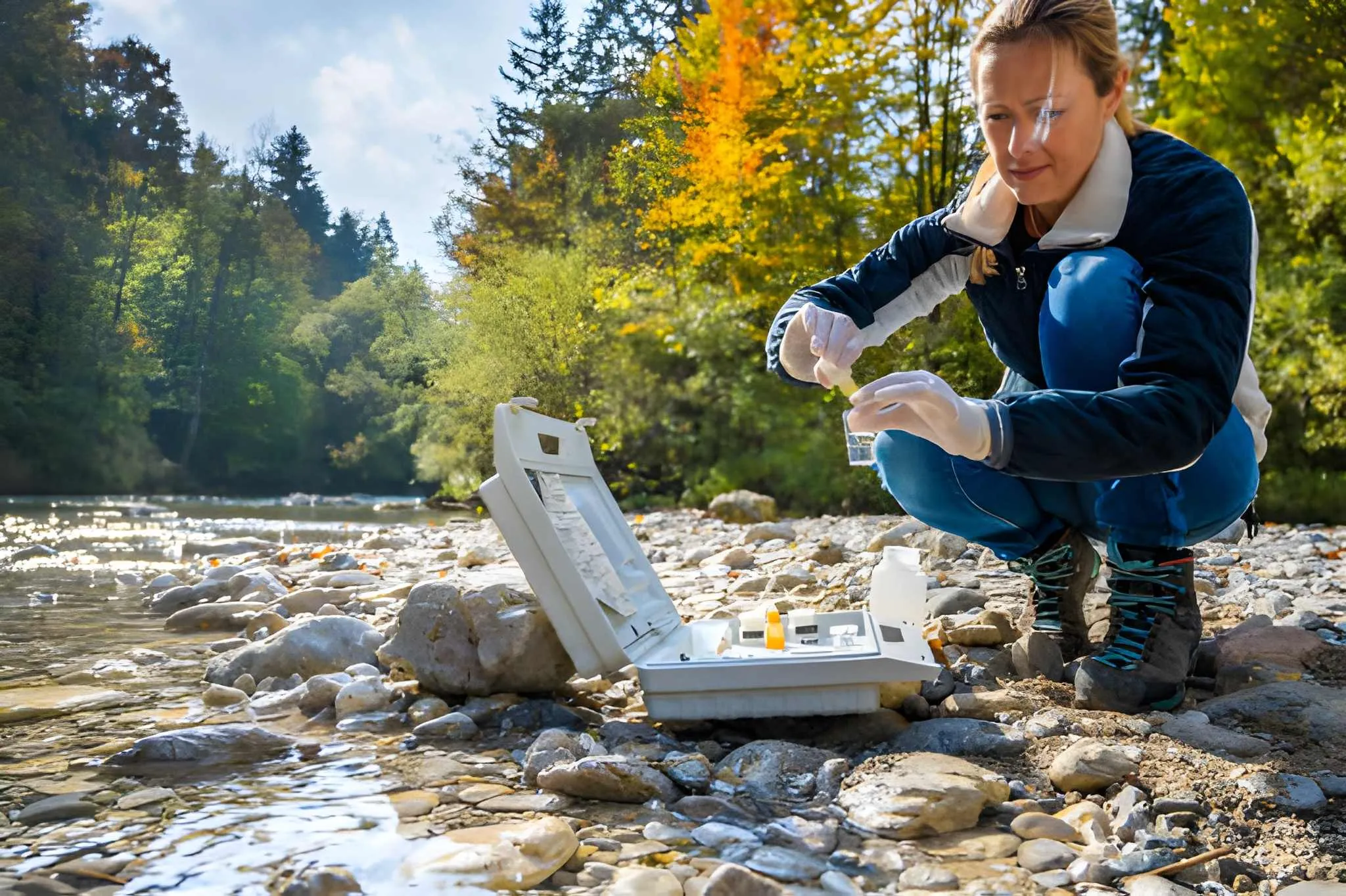Petugas lingkungan sedang mengambil dan mempersiapkan sampel air di sungai untuk proses preservasi sampel air menggunakan peralatan uji lapangan.