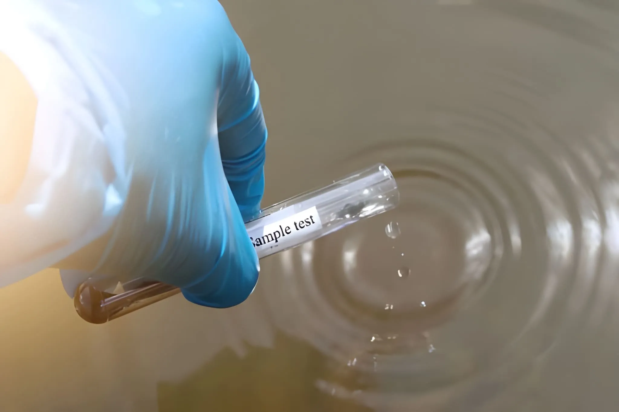 Pengambil contoh uji air menggunakan sarung tangan biru sedang mengambil sampel air dengan tabung reaksi di permukaan air yang tenang