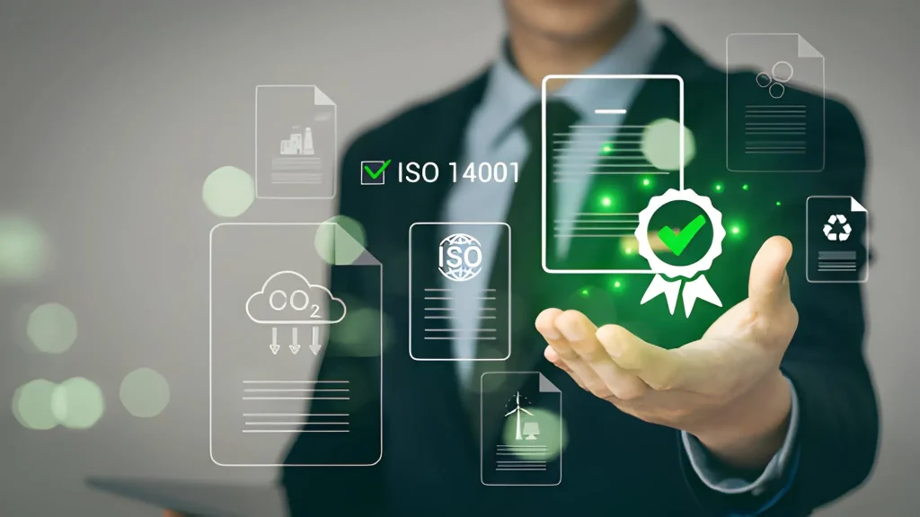 Ilustrasi perbandingan sertifikasi lingkungan vs ISO 14001 yang menampilkan dokumen ISO, audit lingkungan, dan simbol keberlanjutan perusahaan.