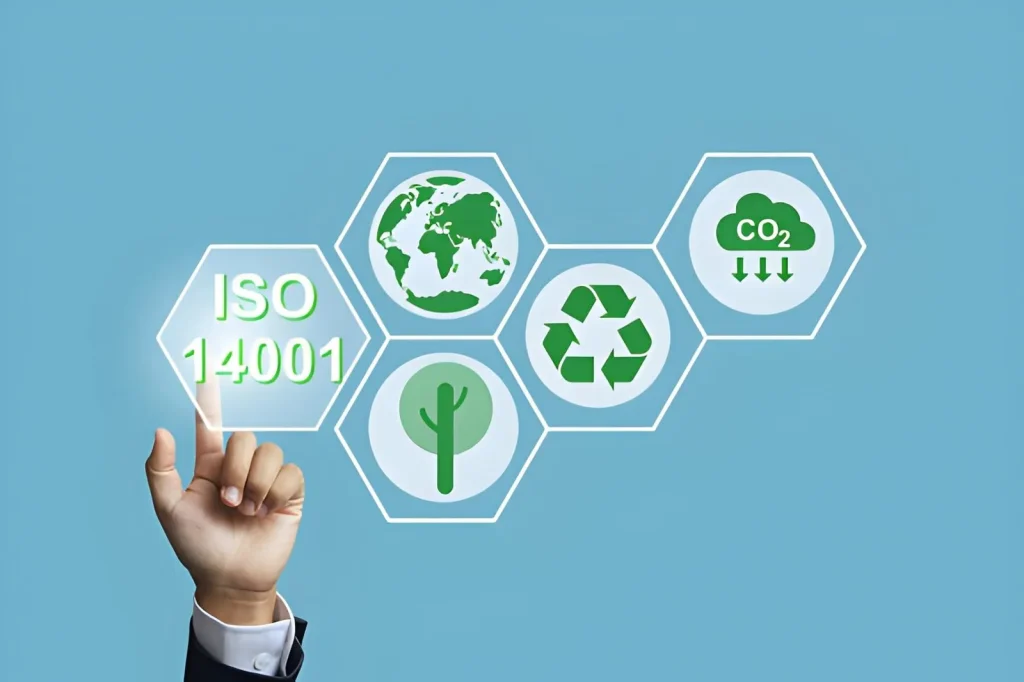 Ilustrasi konsep Perubahan ISO 14001 versi terbaru dengan ikon lingkungan seperti globe, simbol daur ulang, pengurangan emisi CO2, dan pohon hijau dalam bentuk heksagon yang ditekan oleh tangan pebisnis.