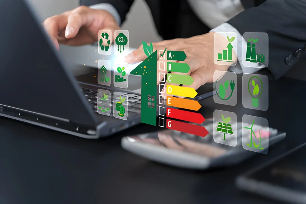 Ilustrasi Sertifikasi Tenaga Lingkungan berupa profesional yang menganalisis kinerja dan kepatuhan lingkungan menggunakan indikator efisiensi energi, daur ulang, dan energi terbarukan berbasis digital.