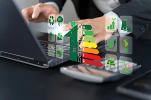 Ilustrasi Sertifikasi Tenaga Lingkungan berupa profesional yang menganalisis kinerja dan kepatuhan lingkungan menggunakan indikator efisiensi energi, daur ulang, dan energi terbarukan berbasis digital.