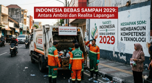 Petugas kebersihan mengangkut sampah dari truk di pinggir jalan kota, dengan latar kampanye “Indonesia bebas sampah 2029” yang menyoroti target nasional serta pentingnya kesiapan SDM dan teknologi dalam pengelolaan sampah.
