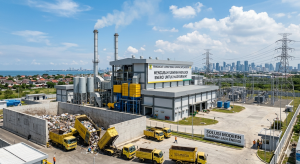 Waste to Energy Adalah proses pengolahan sampah menjadi energi di fasilitas modern, terlihat truk mengangkut limbah ke pabrik dengan cerobong dan instalasi pembangkit listrik di area industri perkotaan.