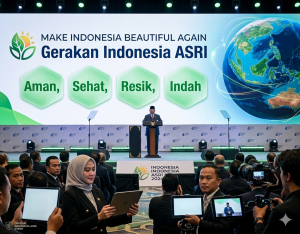 Ilustrasi gerakan Indonesia ASRI dengan visual kampanye kebersihan lingkungan, penanganan sampah modern, dan komitmen pemerintah menuju Indonesia aman, sehat, resik, dan indah