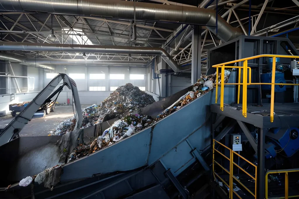 Fasilitas pengolahan sampah modern dengan conveyor belt dan mesin pemilah otomatis yang mengelola limbah padat di dalam pabrik daur ulang