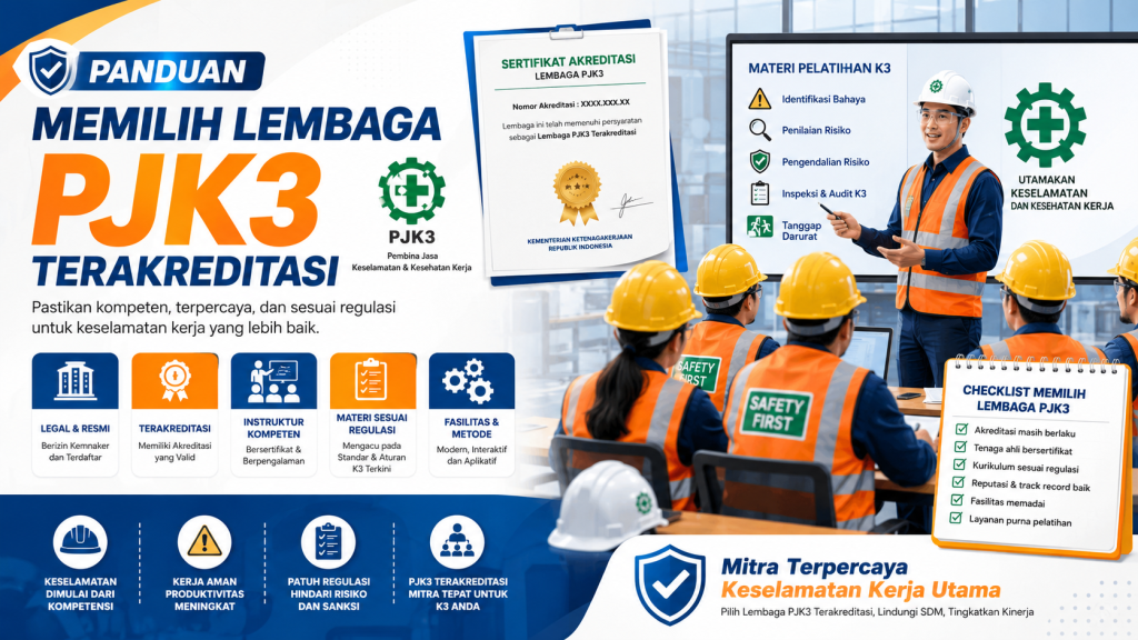 Ilustrasi profesional panduan memilih lembaga PJK3 terakreditasi dengan suasana pelatihan K3 modern. Instruktur bersertifikat memberikan materi keselamatan kerja kepada peserta yang memakai APD lengkap seperti helm proyek, rompi safety, dan sepatu safety. Terdapat elemen sertifikat akreditasi, checklist verifikasi lembaga PJK3, ikon keselamatan kerja, simbol inspeksi, dan visual edukatif bergaya corporate infographic berwarna biru, oranye, dan putih.