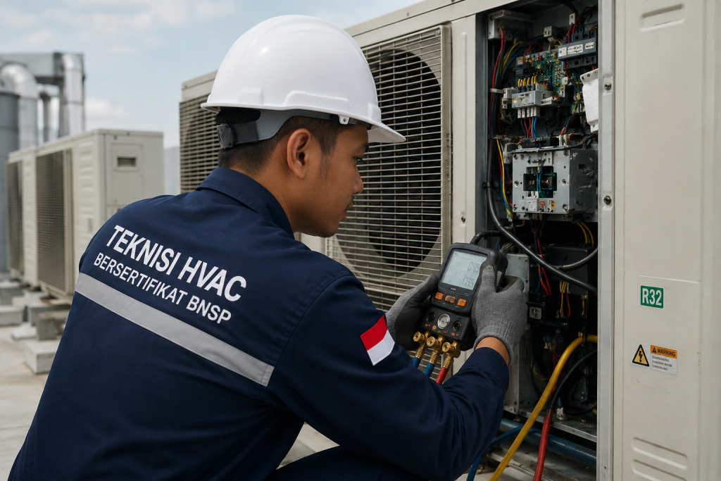 Teknisi HVAC bersertifikat BNSP sedang melakukan pemeriksaan dan maintenance unit AC outdoor menggunakan alat manifold digital pada sistem HVAC industri.