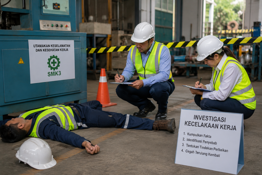 Ilustrasi realistis penerapan SMK3 dan investigasi kecelakaan kerja di area industri manufaktur. Tim investigator K3 mengenakan helm dan rompi keselamatan sedang melakukan investigasi kecelakaan kerja dengan mencatat fakta di lokasi kejadian, sementara area insiden diamankan menggunakan garis pembatas keselamatan. Tampak pekerja menggunakan APD lengkap, mesin industri, papan informasi SMK3, serta prosedur identifikasi penyebab dan tindakan perbaikan sebagai bagian dari Sistem Manajemen Keselamatan dan Kesehatan Kerja (SMK3).